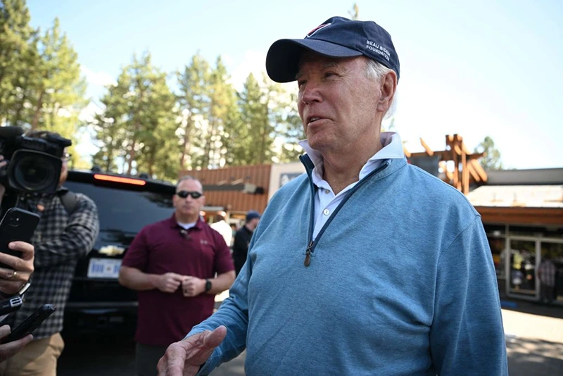 US President Joe Biden speaks to the press after attending a pilates class in South Tahoe, California, on August 25, 2023. (Photo by Mandel NGAN / AFP) (Photo by MANDEL NGAN/AFP via Getty Images)