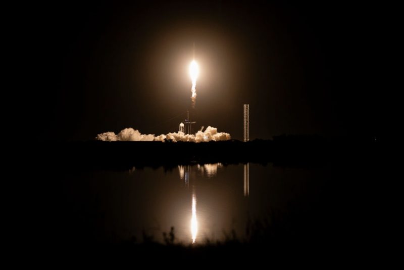 CAPE CANAVERAL, FLORIDA - AUGUST 26: A SpaceX Falcon 9 rocket with the Crew Dragon spacecraft carrying NASA's SpaceX Crew-7 mission lifts off from Launch Complex 39A at the Kennedy Space Center on August 26, 2023 in Cape Canaveral, Florida. NASA's SpaceX Crew-7 mission is the seventh crew rotation mission of the SpaceX Crew Dragon spacecraft and Falcon 9 rocket to the International Space Station as part of the agency's Commercial Crew Program. (Photo by Eva Marie Uzcategui/Getty Images)