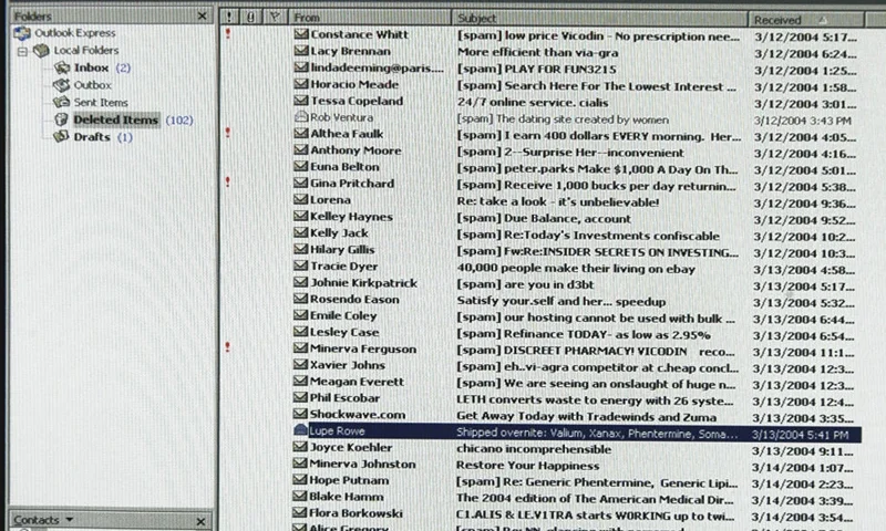 HONG KONG, CHINA: TO GO WITH AFP STORY "ASIA-INTERNET-SPAM" A typical email screen shows a proliferation of unsolicited emails known as spam in Hong Kong, 16 March 2004. The flood of annoying emails has become a serious problem for Internet users who do not want to purchase Viagra or get cheap mortgages online but experts say little can be done unless spam is attacked at the source. AFP PHOTO/Peter PARKS (Photo credit should read PETER PARKS/AFP via Getty Images)