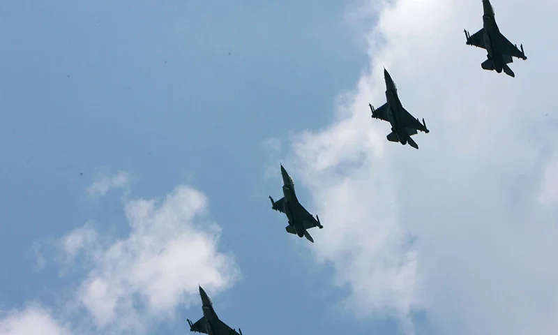 BROOKLYN, MI - JUNE 17: F-16 fighter jets perform a fly-by prior to the NASCAR Nextel Cup Series Citizens Bank 400 at Michigan International Speedway on June 16, 2007 in Brooklyn Michigan. (Photo by Rusty Jarrett/Getty Images for NASCAR)