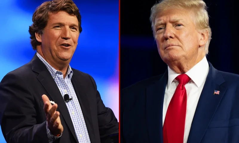 (L)WEST PALM BEACH, FLORIDA - JULY 15: Tucker Carlson speaks at the Turning Point Action conference on July 15, 2023 in West Palm Beach, Florida. Trump is scheduled to speak at the event held in the Palm Beach County Convention Center. (Photo by Joe Raedle/Getty Images) / (R) DALLAS, TEXAS - AUGUST 06: Former U.S. President Donald Trump speaks at the Conservative Political Action Conference (CPAC) at the Hilton Anatole on August 06, 2022 in Dallas, Texas. CPAC began in 1974, and is a conference that brings together and hosts conservative organizations, activists, and world leaders in discussing current events and future political agendas. (Photo by Brandon Bell/Getty Images)