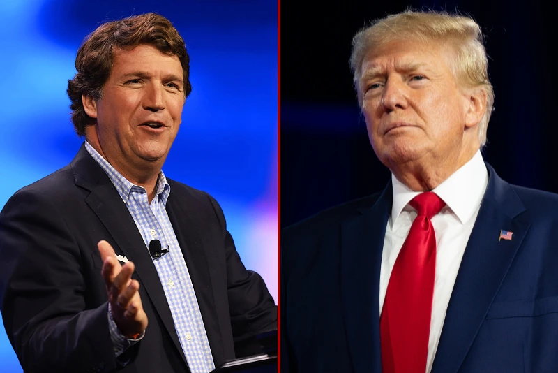 (L)WEST PALM BEACH, FLORIDA - JULY 15: Tucker Carlson speaks at the Turning Point Action conference on July 15, 2023 in West Palm Beach, Florida. Trump is scheduled to speak at the event held in the Palm Beach County Convention Center. (Photo by Joe Raedle/Getty Images) / (R) DALLAS, TEXAS - AUGUST 06: Former U.S. President Donald Trump speaks at the Conservative Political Action Conference (CPAC) at the Hilton Anatole on August 06, 2022 in Dallas, Texas. CPAC began in 1974, and is a conference that brings together and hosts conservative organizations, activists, and world leaders in discussing current events and future political agendas. (Photo by Brandon Bell/Getty Images)