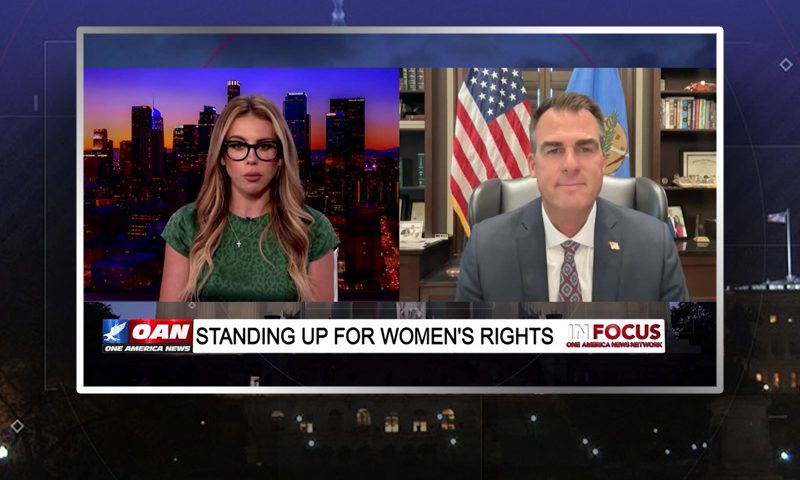 Video still from Gov. Kevin Stitt's interview with In Focus on One America News Network
