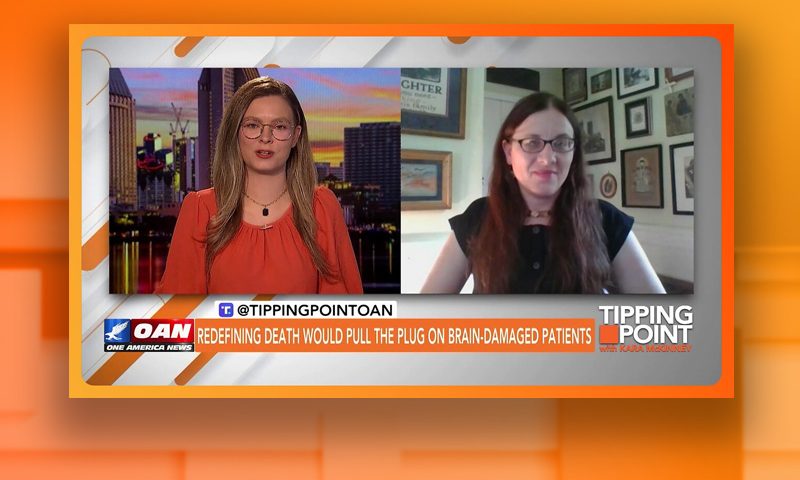 Video still from Sarah St. Onge's interview with Tipping Point on One America News Network