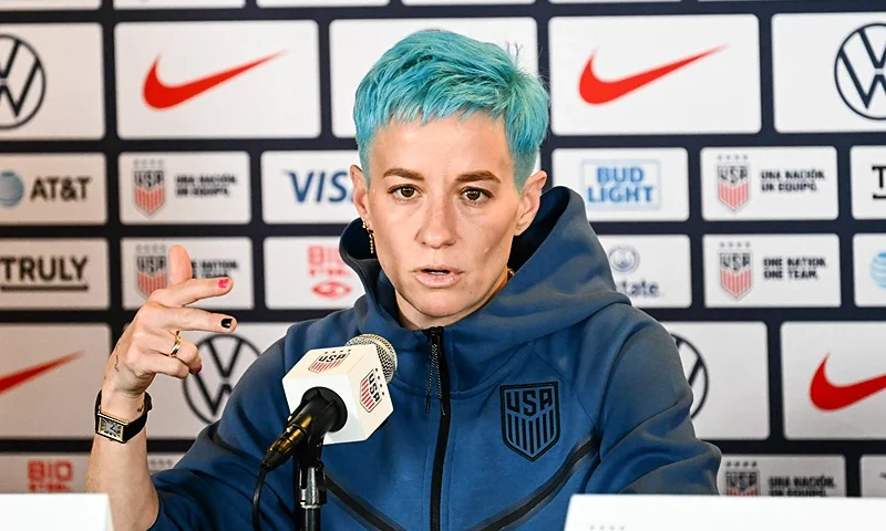 United States forward Megan Rapinoe speaks during a press conference for the 2023 FIFA Women's World Cup United States Women's National Soccer Team (USWNT) Media Day at Dignity Health Sports Part in Carson, California on June 27, 2023. (Photo by Patrick T. Fallon / AFP) (Photo by PATRICK T. FALLON/AFP via Getty Images)