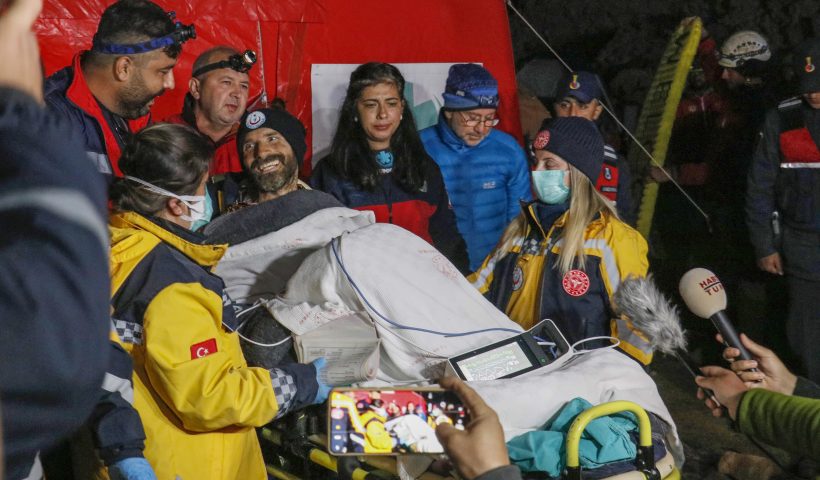 American researcher Mark Dickey, center, talks to journalists after being pulled out of Morca cave near Anamur, south Turkey, on early Tuesday, Sept. 12, 2023, more than a week after he became seriously ill 1,000 meters (more than 3,000 feet) below its entrance. Teams from across Europe had rushed to Morca cave in southern Turkey's Taurus Mountains to aid Dickey, a 40-year-old experienced caver who became seriously ill on Sept. 2 with stomach bleeding. (Suleyman Cenk Idaye/IHA via AP)