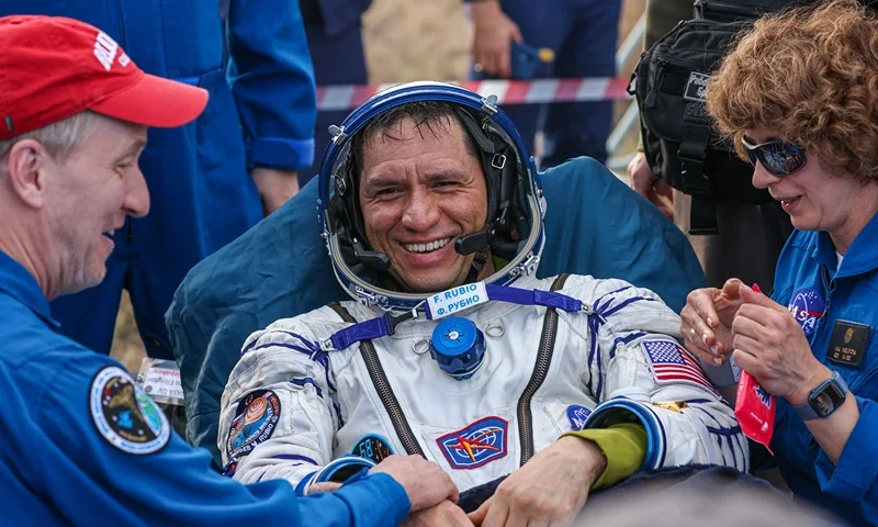APTOPIX Kazakhstan Russia Space Station In this photo released by Roscosmos space corporation, NASA astronaut Frank Rubio sits in a chair shortly after the landing of the Russian Soyuz MS-23 space capsule about 150 km (90 miles) south-east of the Kazakh town of Zhezkazgan, Kazakhstan, Wednesday, Sept. 27, 2023. The Soyuz capsule carrying NASA astronaut Frank Rubio, Roscosmos cosmonauts Sergey Prokopyev, and Dmitri Petelin, touched down on Wednesday on the steppes of Kazakhstan. (Ivan Timoshenko, Roscosmos space corporation via AP)