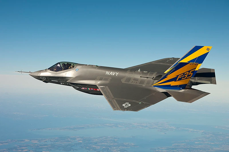 IN AIR, NAVAL AIR STATION PATUXENT RIVER, MD - FEBRUARY 11: (EDITORS NOTE: Image has been received by U.S. Military prior to transmission) In this image released by the U.S. Navy courtesy of Lockheed Martin, the U.S. Navy variant of the F-35 Joint Strike Fighter, the F-35C, conducts a test flight February 11, 2011 over the Chesapeake Bay. Lt. Cmdr. Eric "Magic" Buus flew the F-35C for two hours, checking instruments that will measure structural loads on the airframe during flight maneuvers. The F-35C is distinct from the F-35A and F-35B variants with larger wing surfaces and reinforced landing gear for greater control when operating in the demanding carrier take-off and landing environment. (Photo by U.S. Navy photo courtesy Lockheed Martin via Getty Images)