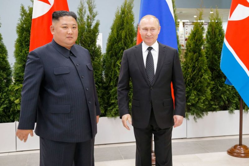 Russian President Vladimir Putin and North Korean leader Kim Jong Un pose for pictures prior to their talks at the Far Eastern Federal University campus on Russky island in the far-eastern Russian port of Vladivostok on April 25, 2019. (Photo by Alexander Zemlianichenko / POOL / AFP) (Photo by ALEXANDER ZEMLIANICHENKO/POOL/AFP via Getty Images)