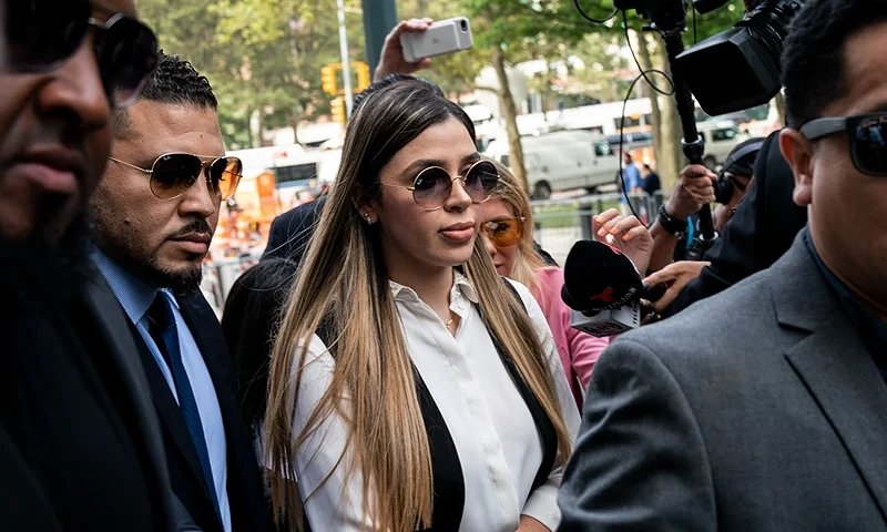NEW YORK, NY - JULY 17: Emma Coronel Aispuro, wife of Joaquin "El Chapo" Guzman, is surrounded by security as she arrives at federal court on July 17, 2019 in New York City. El Chapo was found guilty on all charges in a drug conspiracy trial and will be sentenced this morning. (Photo by Drew Angerer/Getty Images)