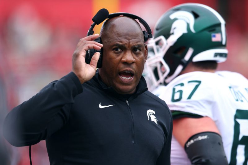 PISCATAWAY, NJ - OCTOBER 09 : Head coach Mel Tucker of the Michigan State Spartans reacts on the sidelines during the second half of a game against the Rutgers Scarlet Knights at SHI Stadium on October 9, 2021 in Piscataway, New Jersey. Michigan State defeated Rutgers 31-13. (Photo by Rich Schultz/Getty Images)