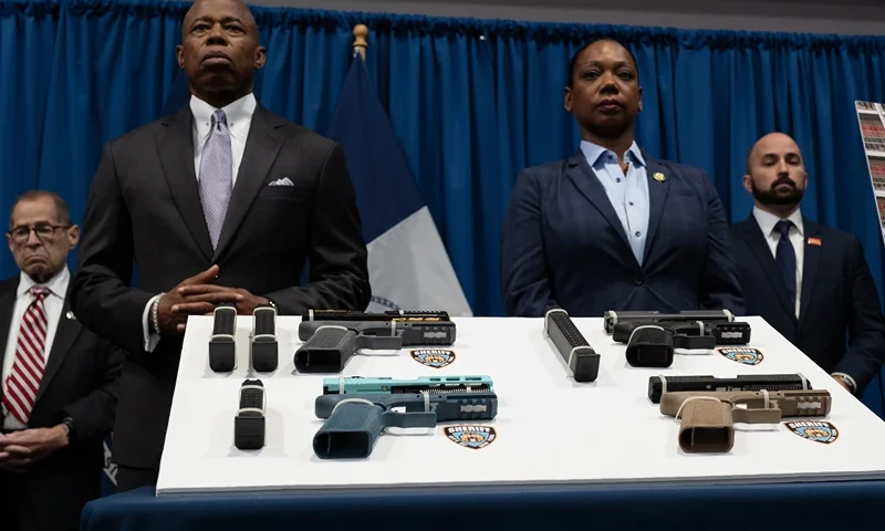 NYC Mayor Eric Adams And NY Attorney General Letitia James Make Announcement Combating Gun Violence In New York NEW YORK, NEW YORK - JUNE 29: New York City Mayor Eric Adams and Police Commissioner Keechant Sewell attend a news conference with Attorney General Letitia James and others to announce a new lawsuit against "ghost gun" distributors on June 29, 2022 in New York City. The city's lawsuit is against 10 distributors of gun components which are used in the illegal, and largely untraceable "ghost guns" that have significantly contributed to the violence on the streets of New York City. Photo by Spencer Platt/Getty Images)