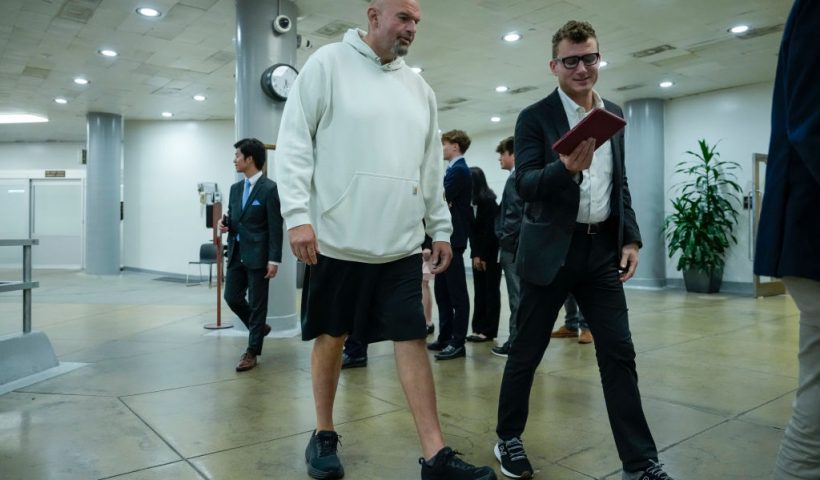 WASHINGTON, DC - JUNE 12: Sen. John Fetterman (D-PA) walks through the Senate subway on his way to a nomination vote at the U.S. Capitol on June 12, 2023 in Washington, DC. The Senate is returning to work Monday evening after the weekend. (Photo by Drew Angerer/Getty Images)