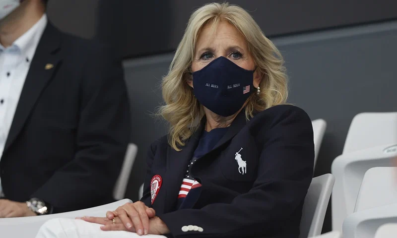 Swimming - Olympics: Day 1 TOKYO, JAPAN - JULY 24: First Lady of the United States Jill Biden in attendance on day one of the Tokyo 2020 Olympic Games at Tokyo Aquatics Centre on July 24, 2021 in Tokyo, Japan. (Photo by Clive Rose/Getty Images)