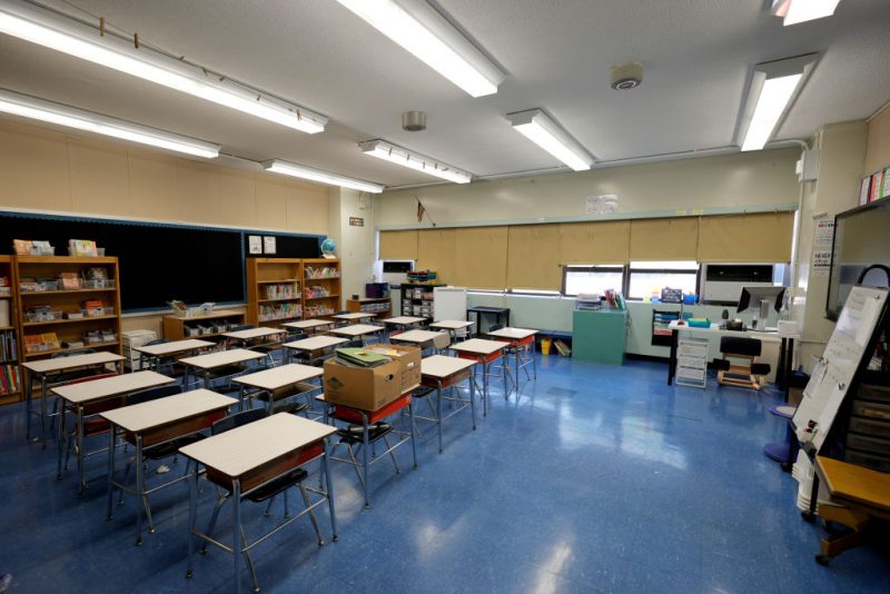 NEW YORK, NEW YORK - SEPTEMBER 02: An empty classroom at Yung Wing School P.S. 124 shows that a teacher has prepared for the start of the school year on September 02, 2021 in New York City. All NYC public school students will return to in-person classes this month for the 2021-2022 school year, except for when COVID-positive kids must quarantine at home. Surveillance testing will be conducted every other week in each school building and will randomly test 10 percent of all students whose parents have consented. (Photo by Michael Loccisano/Getty Images)