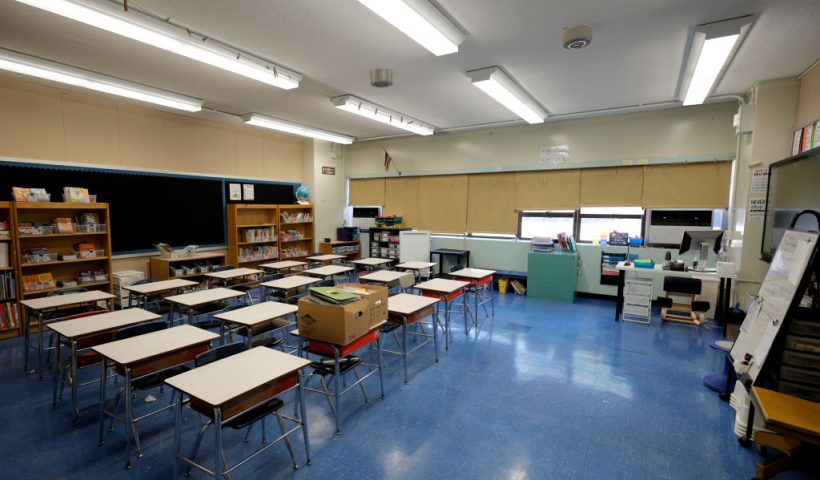 NEW YORK, NEW YORK - SEPTEMBER 02: An empty classroom at Yung Wing School P.S. 124 shows that a teacher has prepared for the start of the school year on September 02, 2021 in New York City. All NYC public school students will return to in-person classes this month for the 2021-2022 school year, except for when COVID-positive kids must quarantine at home. Surveillance testing will be conducted every other week in each school building and will randomly test 10 percent of all students whose parents have consented. (Photo by Michael Loccisano/Getty Images)