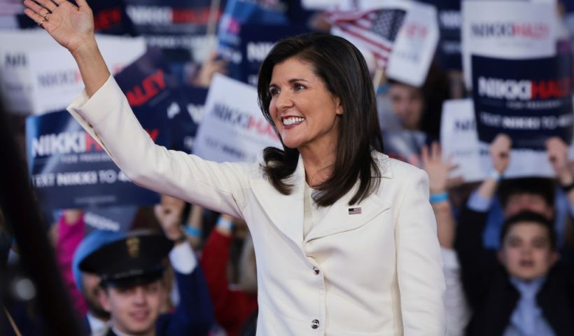 CHARLESTON, SOUTH CAROLINA - FEBRUARY 15: Republican presidential candidate Nikki Haley waves to supporters while arriving ather first campaign event on February 15, 2023 in Charleston, South Carolina. Former South Carolina Governor and United Nations ambassador Haley, officially announced her candidacy yesterday, making her the first Republican opponent to challenge former U.S. President Donald Trump. (Photo by Win McNamee/Getty Images)