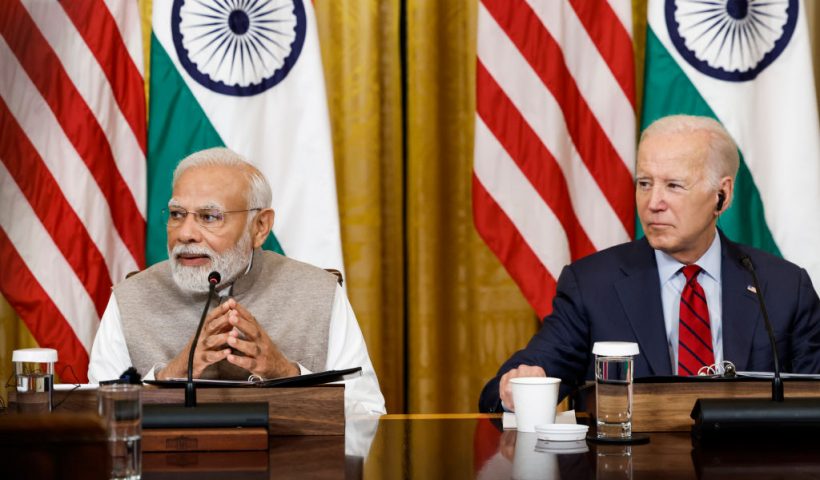 WASHINGTON, DC - JUNE 23: Indian Prime Minister Narendra Modi speaks during a roundtable with American and Indian business leaders alongside U.S. President Joe Biden in the East Room of the White House on June 23, 2023 in Washington, DC. Biden and Modi held the meeting to meet with a range of leaders from the tech and business worlds and to discuss topics including innovation and AI. (Photo by Anna Moneymaker/Getty Images)