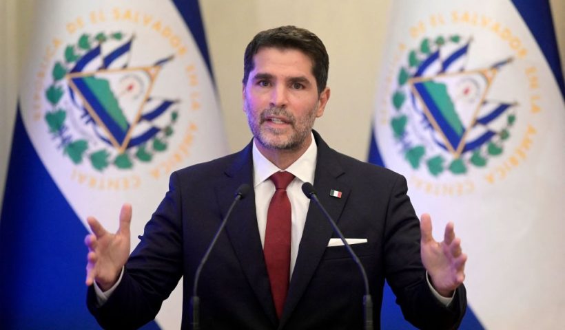 Mexican actor Eduardo Verástegui speaks during a press conference with El Salvador's President Nayib Bukele before signing a letter of intent for the eradication of child trafficking at the Presidential House in San Salvador on July 28, 2023. (Photo by Oscar Rivera / AFP) (Photo by OSCAR RIVERA/AFP via Getty Images)