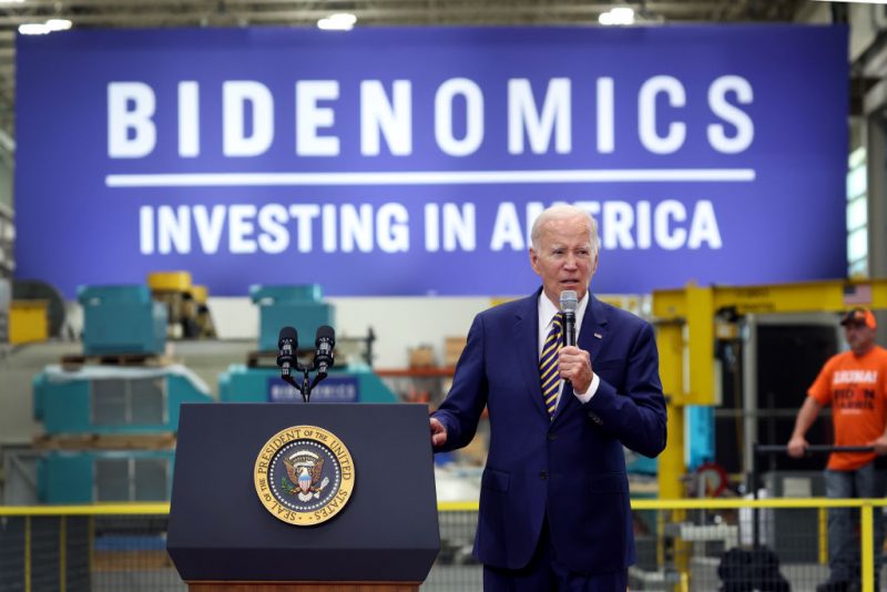 MILWAUKEE, WISCONSIN - AUGUST 15: U.S. President Joe Biden speaks to guests at Ingeteam Inc., an electrical equipment manufacturer, on August 15, 2023 in Milwaukee, Wisconsin. Biden used the opportunity to speak about his "Bidenomics" economic plan on the one-year anniversary of the Inflation Reduction Act of 2022. (Photo by Scott Olson/Getty Images)