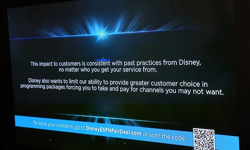 LOS ANGELES, CALIFORNIA - SEPTEMBER 06: In this photo illustration, a blue screen message is displayed with QR code on Spectrum TV over the ESPN channel amid a dispute between Disney and Charter Spectrum on September 6, 2023 in Los Angeles, California. Walt Disney Co. has pulled channels including ESPN and ABC from the Charter Spectrum cable TV service over a fees dispute. (Photo Illustration by Mario Tama/Getty Images)