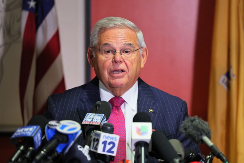 UNION CITY, NEW JERSEY - SEPTEMBER 25: Sen. Bob Menendez (D-NY) speaks during a press conference at Hudson County Community College’s North Hudson Campus on September 25, 2023 in Union City, New Jersey. Menendez spoke during a press conference where he stated that he would not resign as senator and would serve out his term. The three-term senator and his wife are accused of taking bribes of gold bars, a luxury car, and cash in exchange for using his position to help the government of Egypt and other corrupt acts according to an indictment from SDNY unsealed on Friday. The indictment is the second in eight years against Menendez. (Photo by Michael M. Santiago/Getty Images)