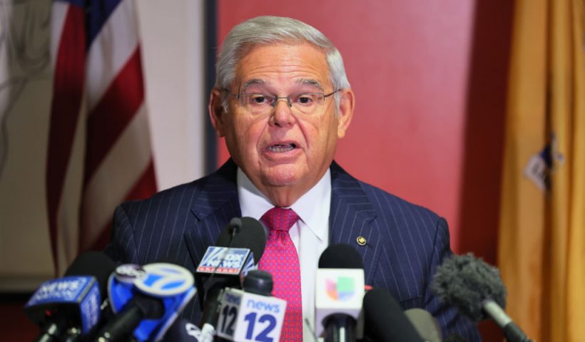 UNION CITY, NEW JERSEY - SEPTEMBER 25: Sen. Bob Menendez (D-NY) speaks during a press conference at Hudson County Community College’s North Hudson Campus on September 25, 2023 in Union City, New Jersey. Menendez spoke during a press conference where he stated that he would not resign as senator and would serve out his term. The three-term senator and his wife are accused of taking bribes of gold bars, a luxury car, and cash in exchange for using his position to help the government of Egypt and other corrupt acts according to an indictment from SDNY unsealed on Friday. The indictment is the second in eight years against Menendez. (Photo by Michael M. Santiago/Getty Images)