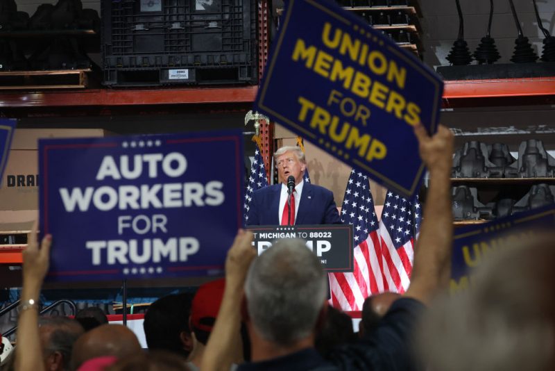 CLINTON TOWNSHIP, MICHIGAN - SEPTEMBER 27: Former U.S. President Donald Trump speaks at a campaign rally at Drake Enterprises, an automotive parts manufacturer, on September 27, 2023 in Clinton Township, Michigan. President Joe Biden met with striking UAW workers the day before at a General Motors parts facility. (Photo by Scott Olson/Getty Images)