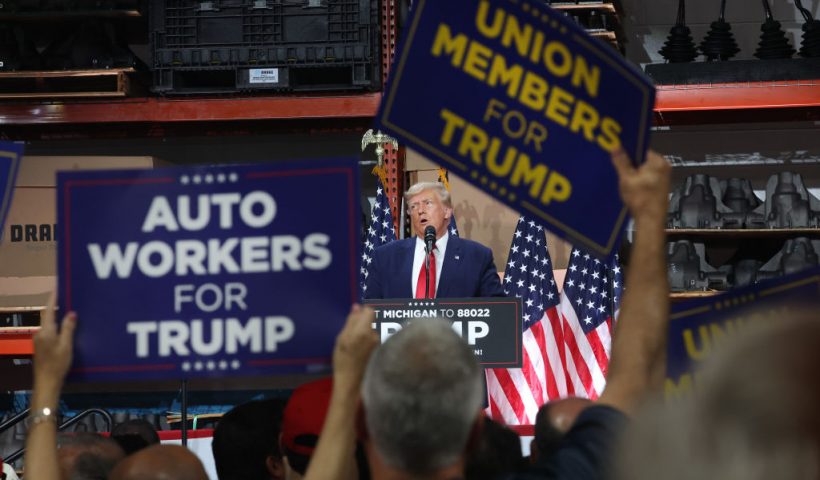 CLINTON TOWNSHIP, MICHIGAN - SEPTEMBER 27: Former U.S. President Donald Trump speaks at a campaign rally at Drake Enterprises, an automotive parts manufacturer, on September 27, 2023 in Clinton Township, Michigan. President Joe Biden met with striking UAW workers the day before at a General Motors parts facility. (Photo by Scott Olson/Getty Images)