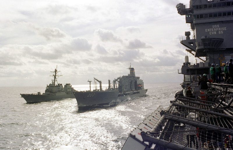 The Aircraft Carrier USS Enterprise And The Guided Missile Destroyer USS Gonzales Calls An Emergency Break Away Drill During Underway Replenishment Operations Off The Coast Of Virginia November 8, 1998 With The Military Sealift Command Oiler Usns Larame. The Enterprise Is On It's Way To The Gulf Where The United States Has Beefed Up Its Military Strength And Is Threatening Airstrikes In An Attempt To Force Iraq To Allow Inspections By Unscom, Which Is Responsible For Eliminating Iraq's Weapons Of Mass Destruction. (Photo By U.S. Navy/Getty Images)