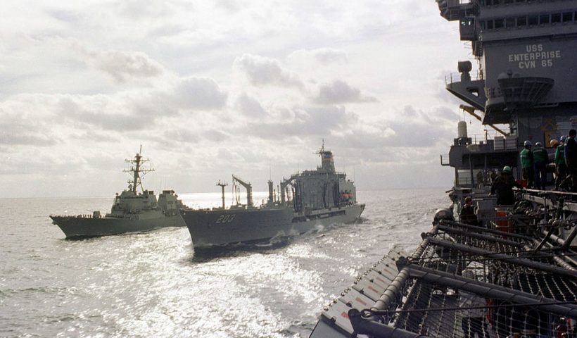 The Aircraft Carrier USS Enterprise And The Guided Missile Destroyer USS Gonzales Calls An Emergency Break Away Drill During Underway Replenishment Operations Off The Coast Of Virginia November 8, 1998 With The Military Sealift Command Oiler Usns Larame. The Enterprise Is On It's Way To The Gulf Where The United States Has Beefed Up Its Military Strength And Is Threatening Airstrikes In An Attempt To Force Iraq To Allow Inspections By Unscom, Which Is Responsible For Eliminating Iraq's Weapons Of Mass Destruction. (Photo By U.S. Navy/Getty Images)