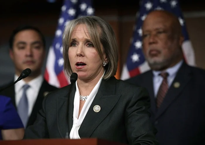 WASHINGTON, DC - FEBRUARY 16: U.S. Rep. Michelle Lujan Grisham (D-NM) (C) speaks during a news conference February 16, 2017 on Capitol Hill in Washington, DC. House Democrats held a news conference to express their frustration after their meeting with ICE Acting Director Thomas Homan on the recent ICE raids. (Photo by Alex Wong/Getty Images)