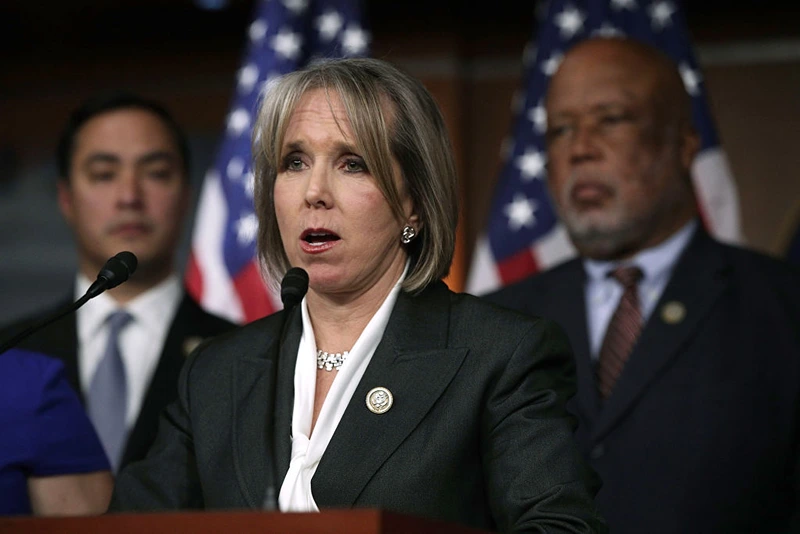 WASHINGTON, DC - FEBRUARY 16: U.S. Rep. Michelle Lujan Grisham (D-NM) (C) speaks during a news conference February 16, 2017 on Capitol Hill in Washington, DC. House Democrats held a news conference to express their frustration after their meeting with ICE Acting Director Thomas Homan on the recent ICE raids. (Photo by Alex Wong/Getty Images)
