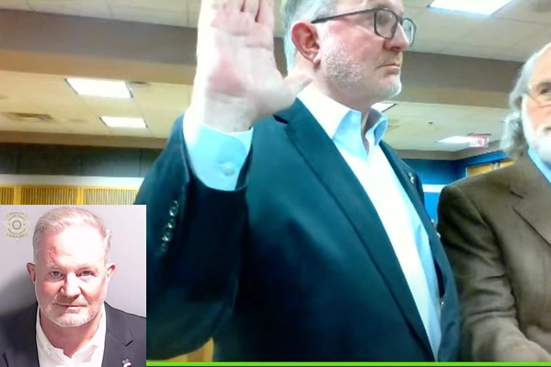 In this screen grab from Judge McAfee's virtual zoom hearing, Scott Graham Hall (C) stands with his attorney Jeffrey S. Weiner, (R) in Superior Court of Fulton County before Judge Scott McAfee, left frame, in Courtroom 5A of Superior Court of Fulton County on September 29, 2023 in Atlanta, Georgia. Hall, a bail bondsman charged alongside former President Donald Trump and 17 others in the Georgia election interference case pleaded guilty to misdemeanor charges on Friday, becoming the first defendant to accept a plea deal with prosecutors. (Photo by Pool/Getty Images) (Photo by Fulton County Sheriff's Office via Getty Images)