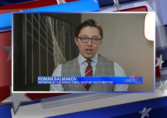 Video still from Roman Balmakov's interview with Real America on One America News Network