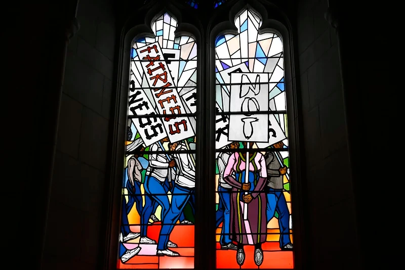 Light shines through new stained-glass windows with a theme of racial justice during a ceremony at the Washington National Cathedral for the windows on Sept. 23, 2023. (Photo via; AP Photo/Nick Wass)