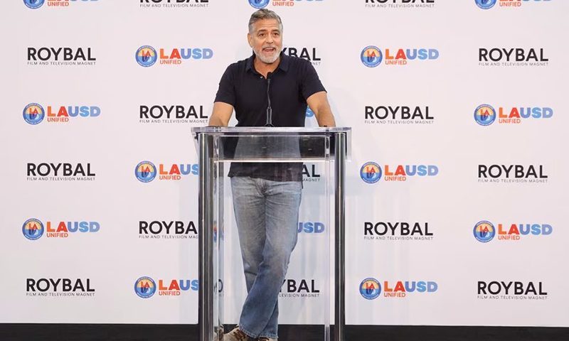 Actor George Clooney speaks at an event for the second year of the Roybal School of Film and Television Production Magnet at the Edward R. Roybal Learning Center in Los Angeles, California, U.S., October 13, 2023. REUTERS/Mario Anzuoni
