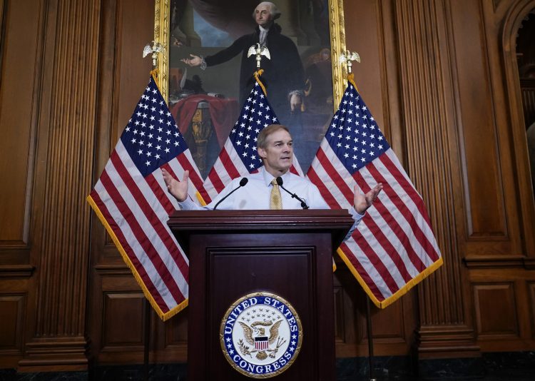 Rep. Jim Jordan, R-Ohio, House Judiciary chairman and staunch ally of Donald Trump, meets with reporters about his struggle to become speaker of the House, at the Capitol in Washington, Friday, Oct. 20, 2023. (AP Photo/J. Scott Applewhite)