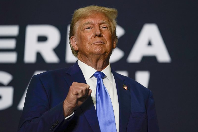 Republican presidential candidate former President Donald Trump arrives to speak at a campaign rally Monday Oct. 23, 2023, in Derry, N.H. (AP Photo/Charles Krupa)