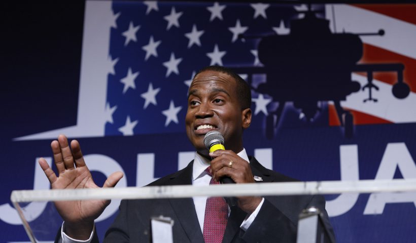 DETROIT, MI - AUGUST 7: John James, Michigan GOP Senate candidate, speaks at an election night event after winning his primary election at his business James Group International August 7th, 2018 in Detroit, Michigan. James, who has President Donald Trump's endorsement, will face Democrat incumbent Senator Debbie Stabenow (D-MI) in November. (Photo by Bill Pugliano/Getty Images)