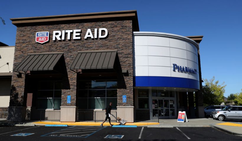 SAN RAFAEL, CALIFORNIA - SEPTEMBER 26: The Rite Aid logo is displayed on the exterior of a Rite Aid pharmacy on September 26, 2019 in San Rafael, California. Rite Aid stock surged today after the company reported better-than-expected second-quarter earnings despite revenues falling short. Rite Aid earnings per share rose 12 cents, beating analysts forecasts of 7 cents per share. (Photo by Justin Sullivan/Getty Images)