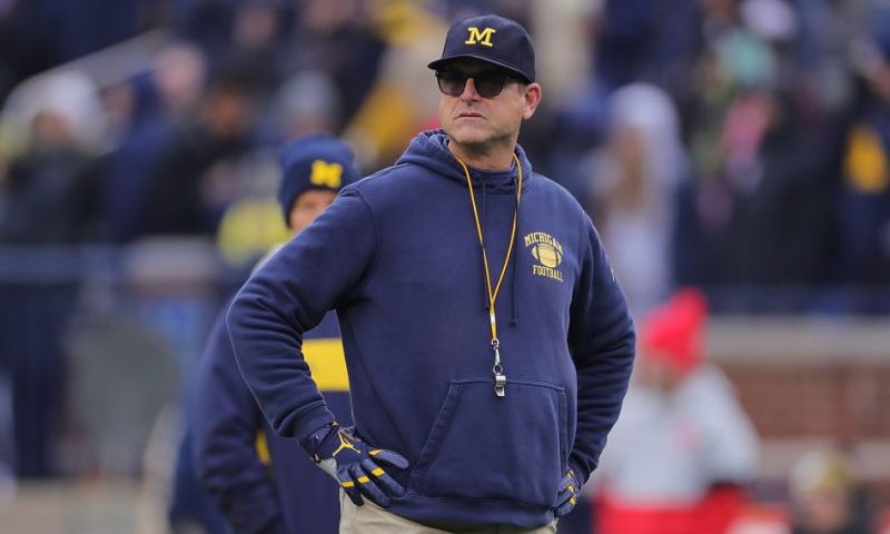 ANN ARBOR, MI - NOVEMBER 30: Michigan Wolverines Head Football Coach Jim Harbaugh watches the pregame warmups prior to the start of the game against the Ohio State Buckeyes at Michigan Stadium on November 30, 2019 in Ann Arbor, Michigan. (Photo by Leon Halip/Getty Images)