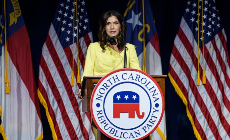 GREENVILLE, NC - JUNE 05: South Dakota Gov. Kristi Noem speaks to attendees at the North Carolina GOP convention on June 5, 2021 in Greenville, North Carolina. Former U.S. President Donald Trump is scheduled to speak at the NCGOP state convention in one of his first high-profile public appearances since leaving the White House in January. (Photo by Melissa Sue Gerrits/Getty Images)