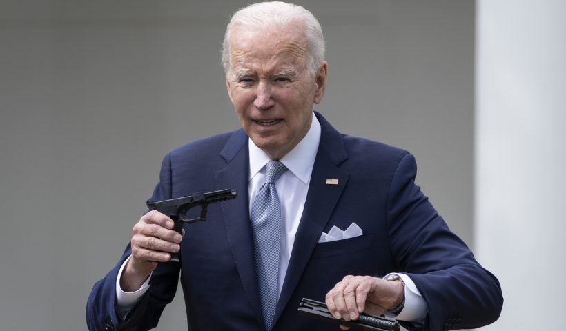 WASHINGTON, DC - APRIL 11: U.S. President Joe Biden holds up a ghost gun kit during an event about gun violence in the Rose Garden of the White House April 11, 2022 in Washington, DC. Biden announced a new firearm regulation aimed at reining in ghost guns, untraceable, unregulated weapons made from kids. Biden also announced Steve Dettelbach as his nominee to lead the Bureau of Alcohol, Tobacco, Firearms and Explosives (ATF). (Photo by Drew Angerer/Getty Images)