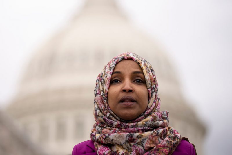 WASHINGTON, DC - JANUARY 26: Rep. Ilhan Omar (D-MN) speaks during a news conference marking the 6th anniversary of the Trump administration's Executive Order 13769, also known as the Muslim ban, outside the U.S. Capitol on January 26, 2023 in Washington, DC. On January 27, 2017, President Trump enacted the ban, stopping people from seven predominantly Muslim countries from entering the U.S. (Photo by Drew Angerer/Getty Images)