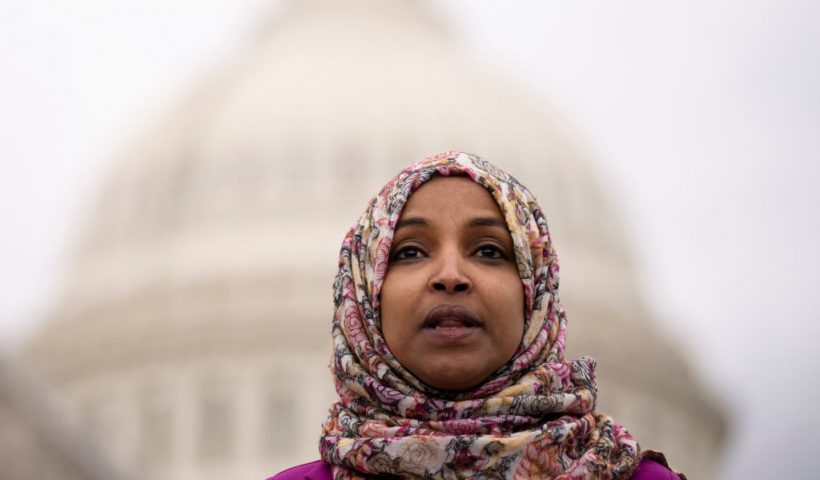 WASHINGTON, DC - JANUARY 26: Rep. Ilhan Omar (D-MN) speaks during a news conference marking the 6th anniversary of the Trump administration's Executive Order 13769, also known as the Muslim ban, outside the U.S. Capitol on January 26, 2023 in Washington, DC. On January 27, 2017, President Trump enacted the ban, stopping people from seven predominantly Muslim countries from entering the U.S. (Photo by Drew Angerer/Getty Images)