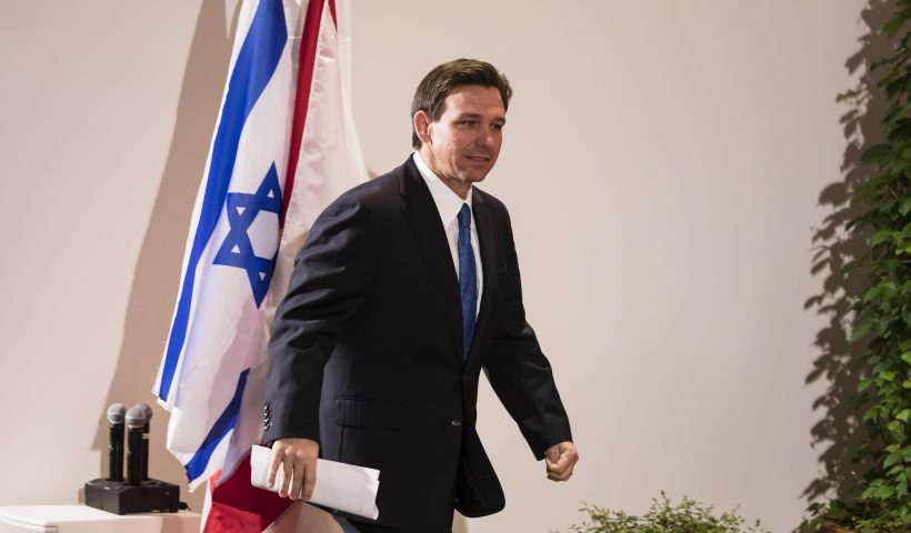 JERUSALEM, ISRAEL - APRIL 27: Florida Gov. Ron DeSantis attends a press conference at the Museum of Tolerance on April 27, 2023 in Jerusalem, Israel. Ron DeSantis, the Republican governor of Florida and an anticipated US presidential candidate, has been visiting several countries as part of a trade delegation. (Photo by Amir Levy/Getty Images)
