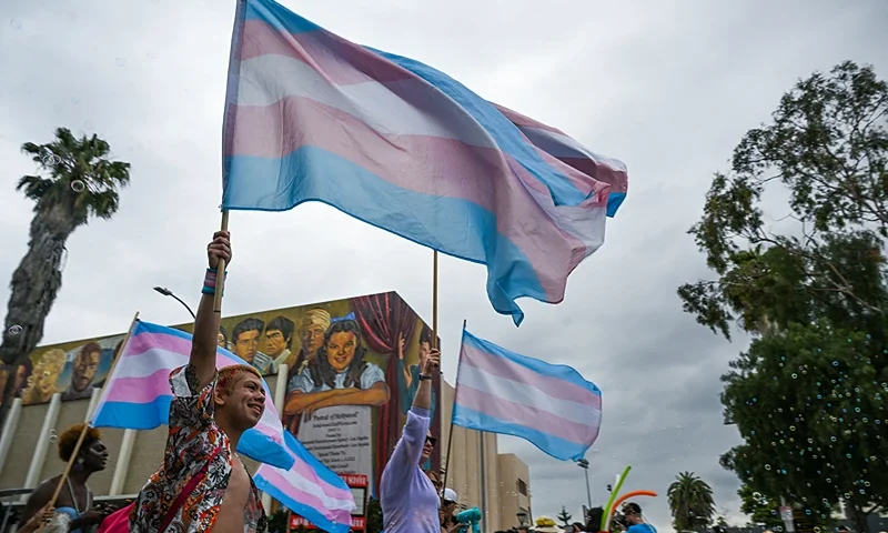 US-LGBTQ-PRIDE-PARADE People wave a Transgender Pride flag as they attend the 2023 LA Pride Parade on June 11, 2023 in Hollywood, California. The LA Pride Parade marks the last day of the three-day Los Angeles celebration of lesbian, gay, bisexual, transgender, and queer (LGBTQ) social and self-acceptance, achievements, legal rights, and pride. (Photo by Robyn Beck / AFP) (Photo by ROBYN BECK/AFP via Getty Images)