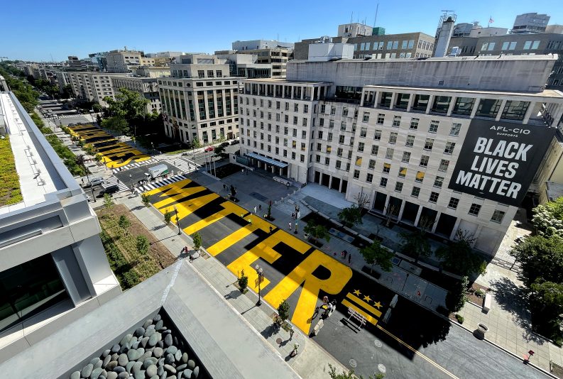 WASHINGTON, DC - MAY 13: Black Lives Matter Plaza on 16th Street is repainted following the removal of the lettering for a construction project on May 13, 2021 in Washington, DC. The words 