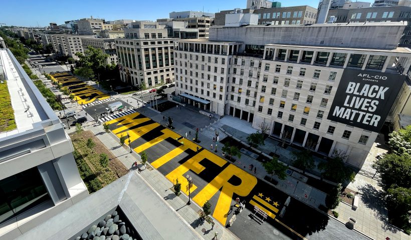 WASHINGTON, DC - MAY 13: Black Lives Matter Plaza on 16th Street is repainted following the removal of the lettering for a construction project on May 13, 2021 in Washington, DC. The words "Black Lives Matter" was painted on the two block section of 16th Street last year in the wake of the George Floyd protest. (Photo by Kevin Dietsch/Getty Images)